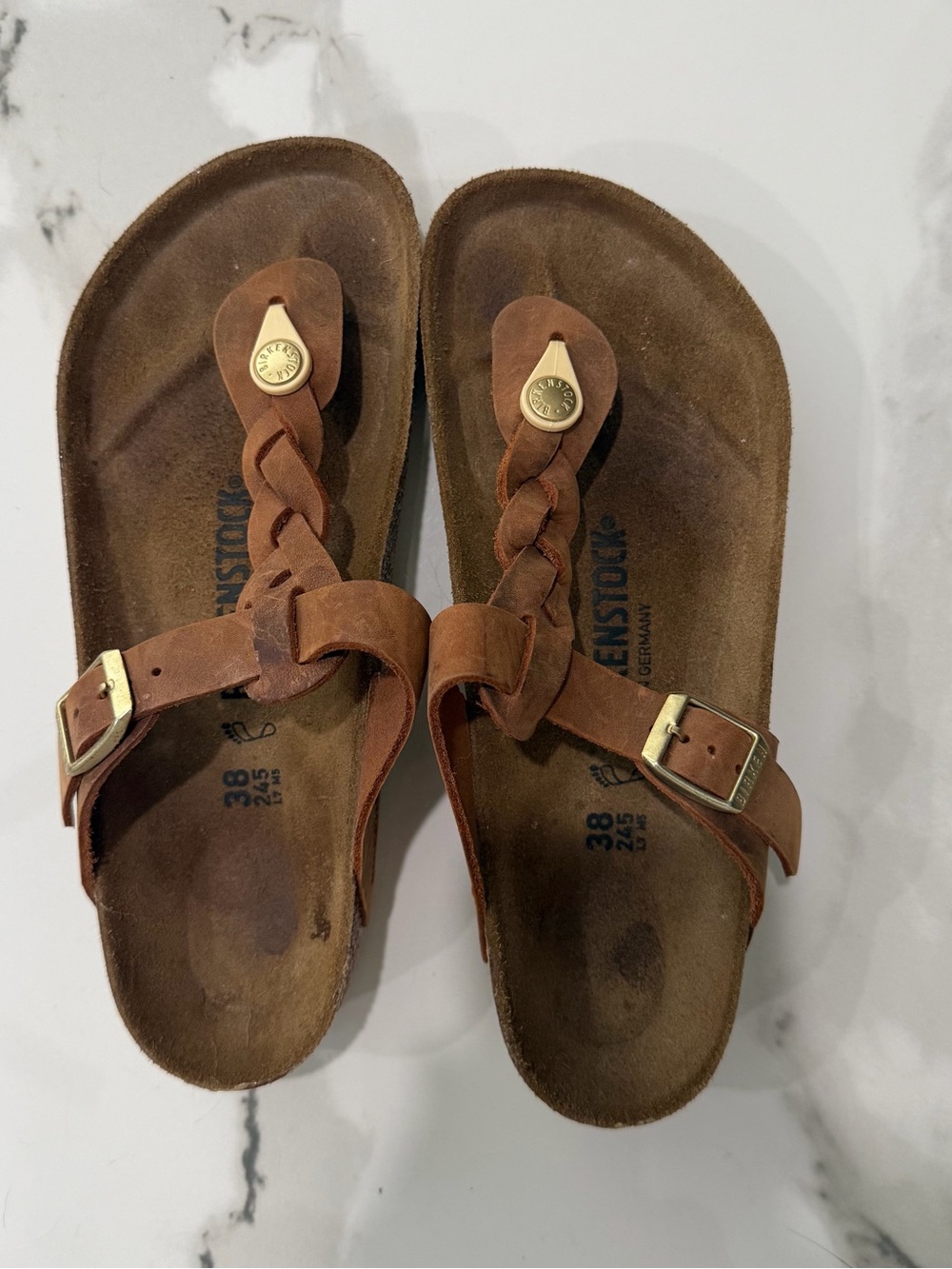 Birkenstock Brown Braided Leather Toe-Post Sandals with Gold Accents